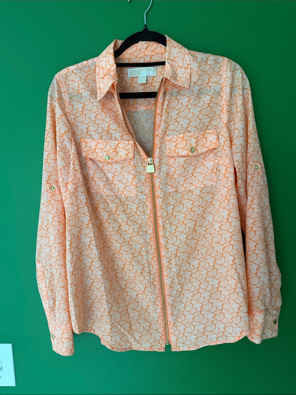 Michael Kors Peach and White Floral Zip Front Shirt Jacket